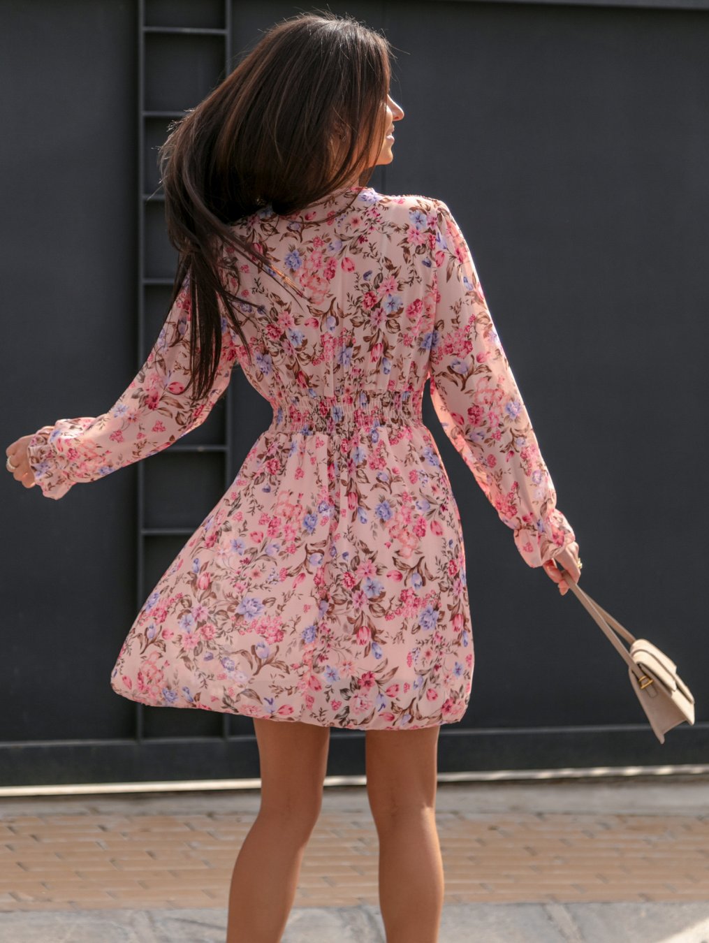 Floral Print Long Sleeve Fit and Flare Mini Dress