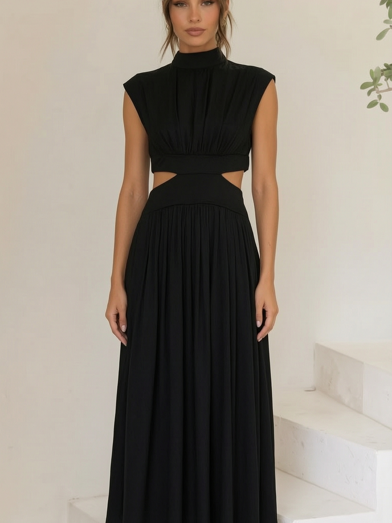 Black Sleeveless Midi Dress with Cut-Out Waist