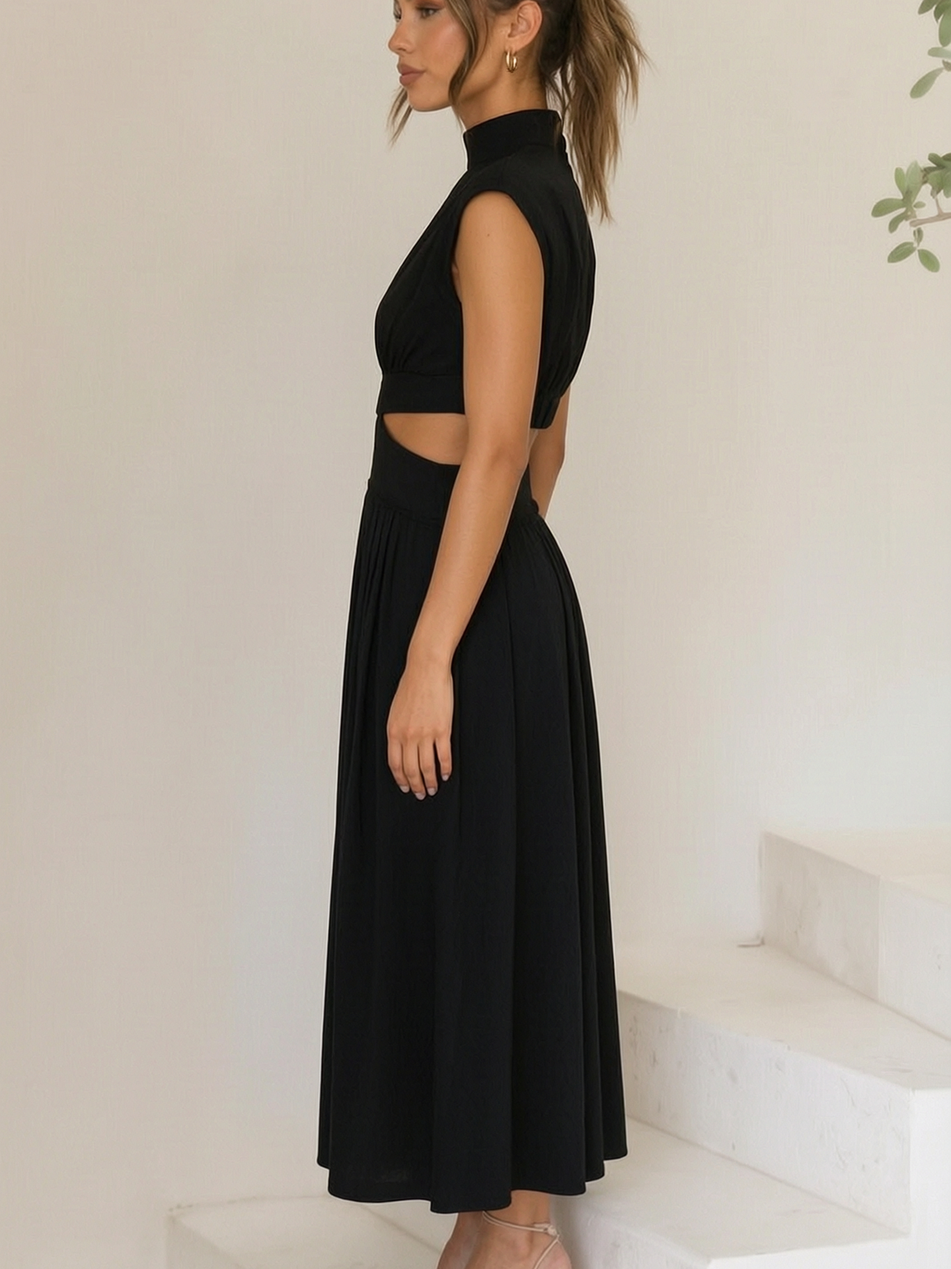 Black Sleeveless Midi Dress with Cut-Out Waist