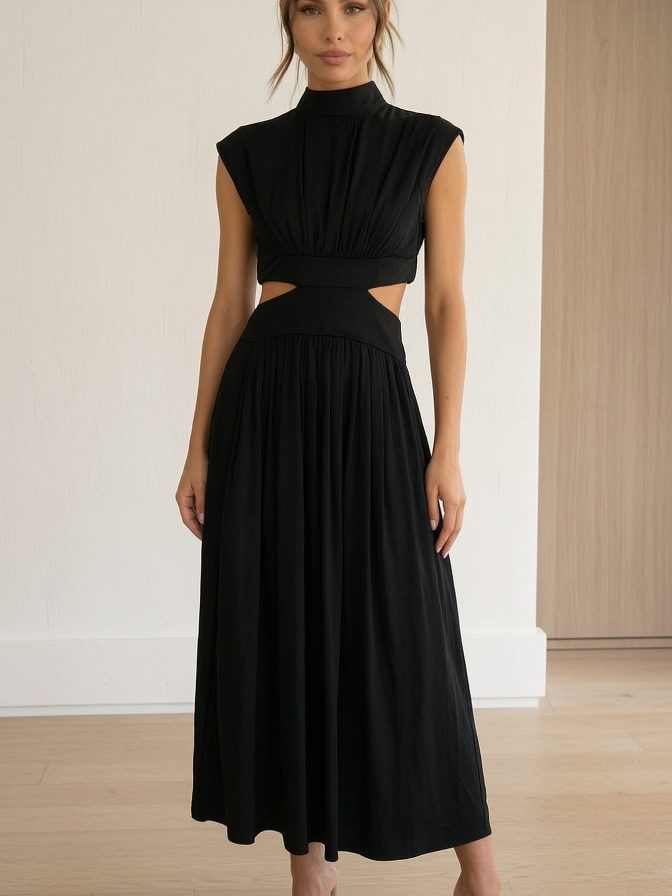 Black Sleeveless Midi Dress with Cut-Out Waist