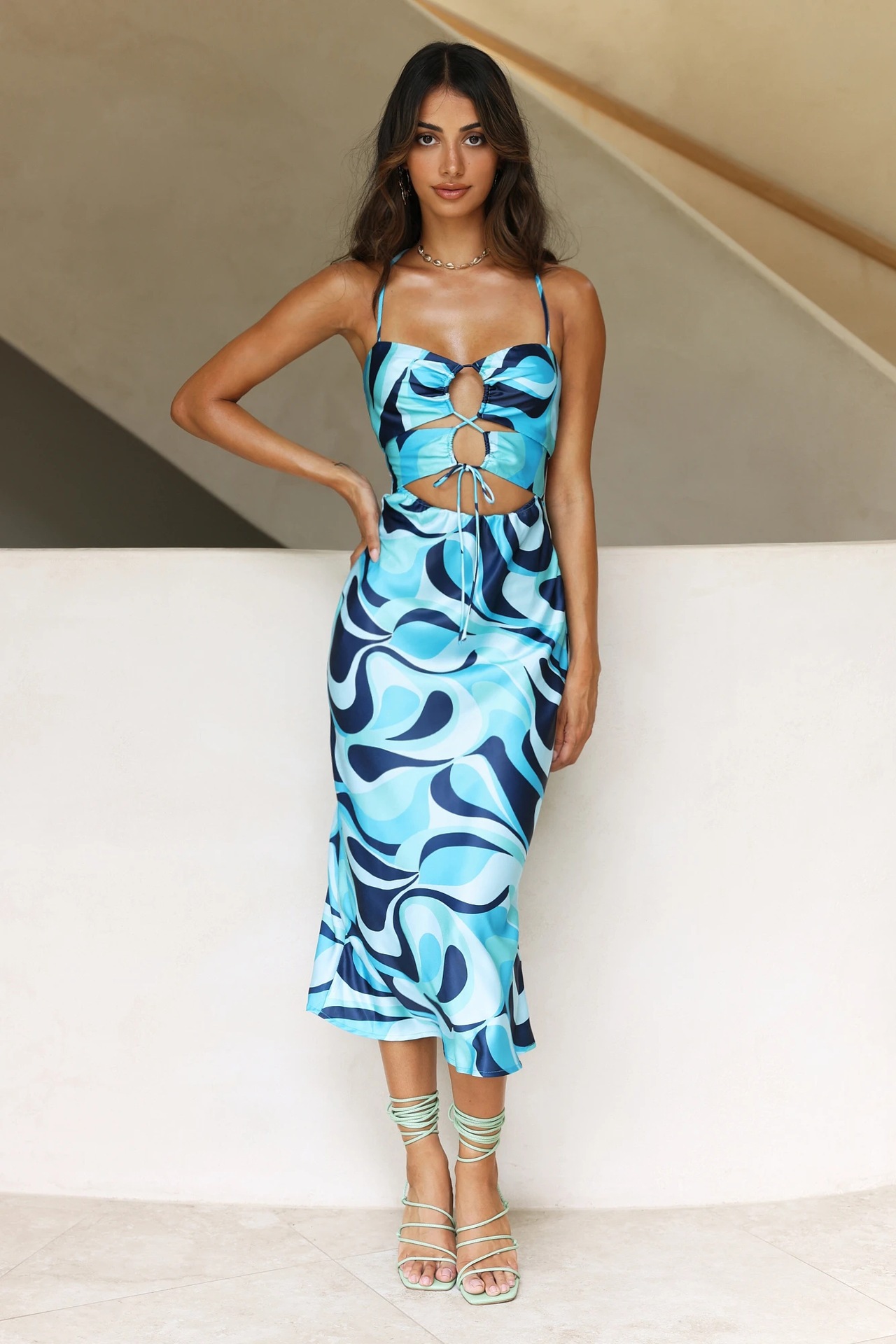 Abstract Print Sleeveless Bodycon Midi Dress