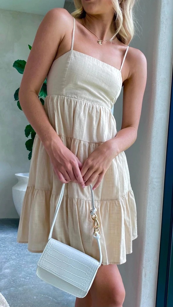 Beige Sleeveless Tiered Mini Dress