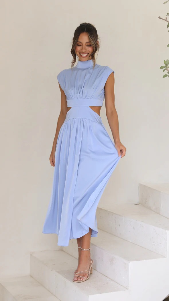 Light Blue Plain Midi A-Line Dress with Cut-Out Waist and High Neck
