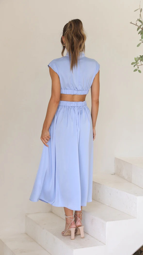 Light Blue Plain Midi A-Line Dress with Cut-Out Waist and High Neck