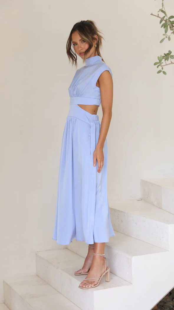 Light Blue Plain Midi A-Line Dress with Cut-Out Waist and High Neck