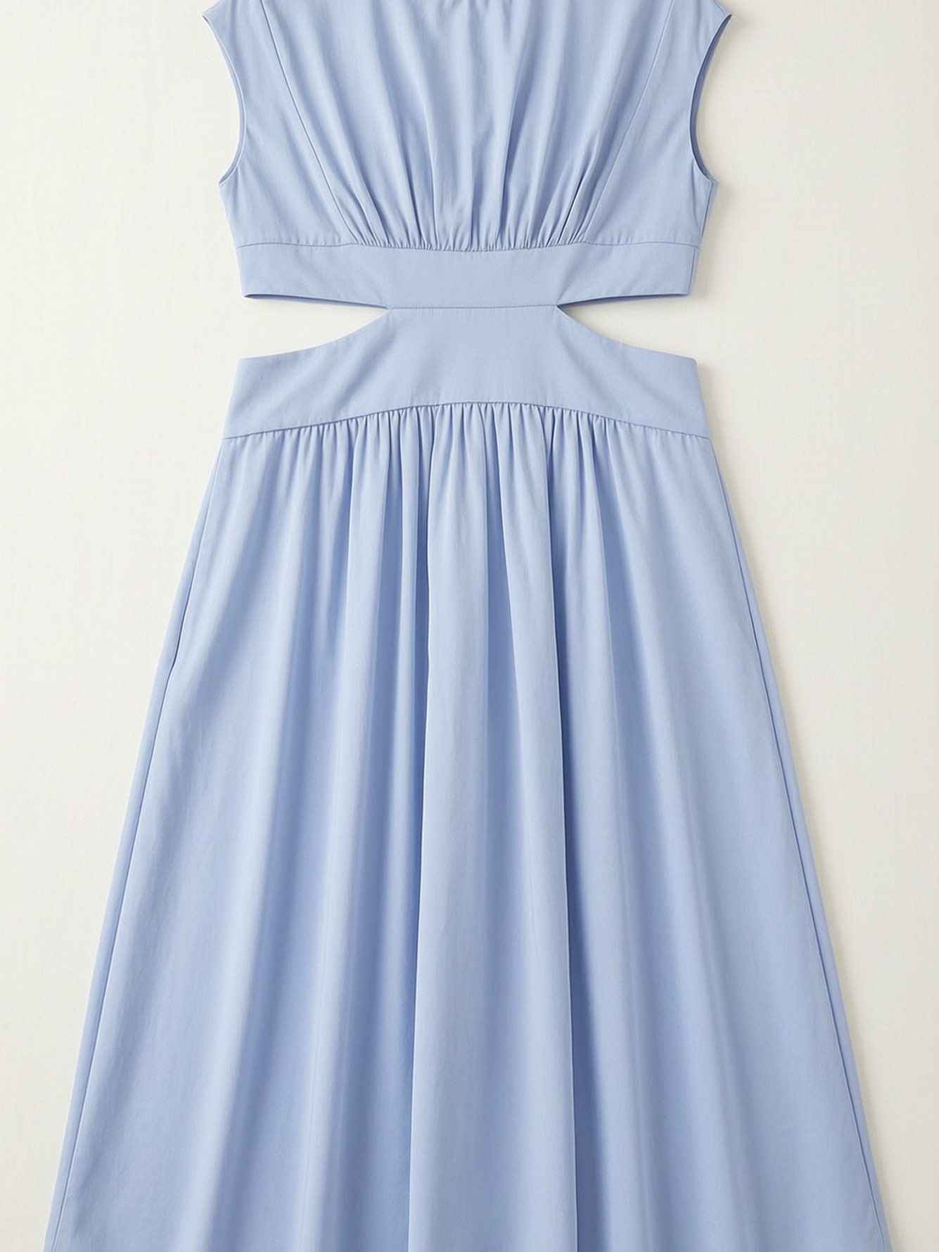 Light Blue Plain Midi A-Line Dress with Cut-Out Waist and High Neck
