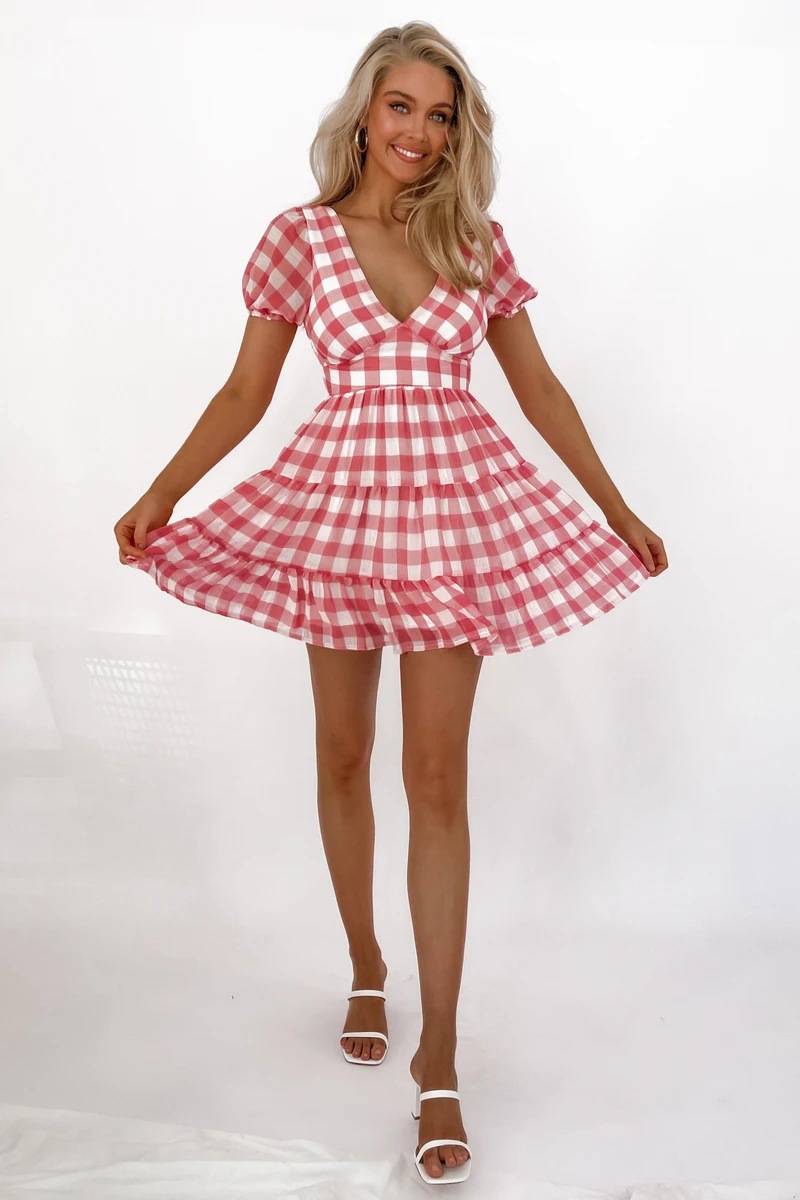 Gingham Short Sleeve Tiered Mini Dress