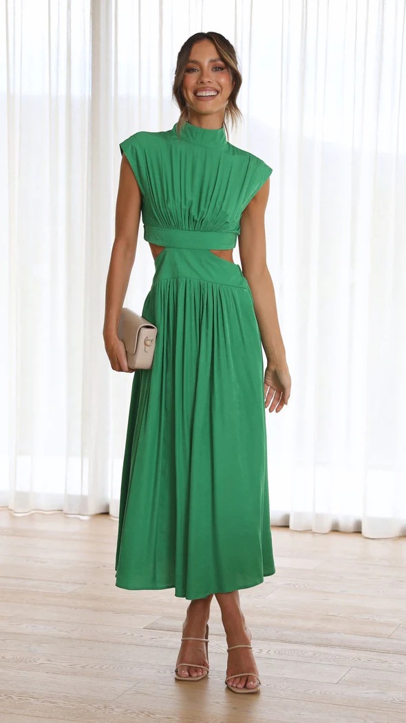 Green Sleeveless Midi Dress with Cut-Out Waist