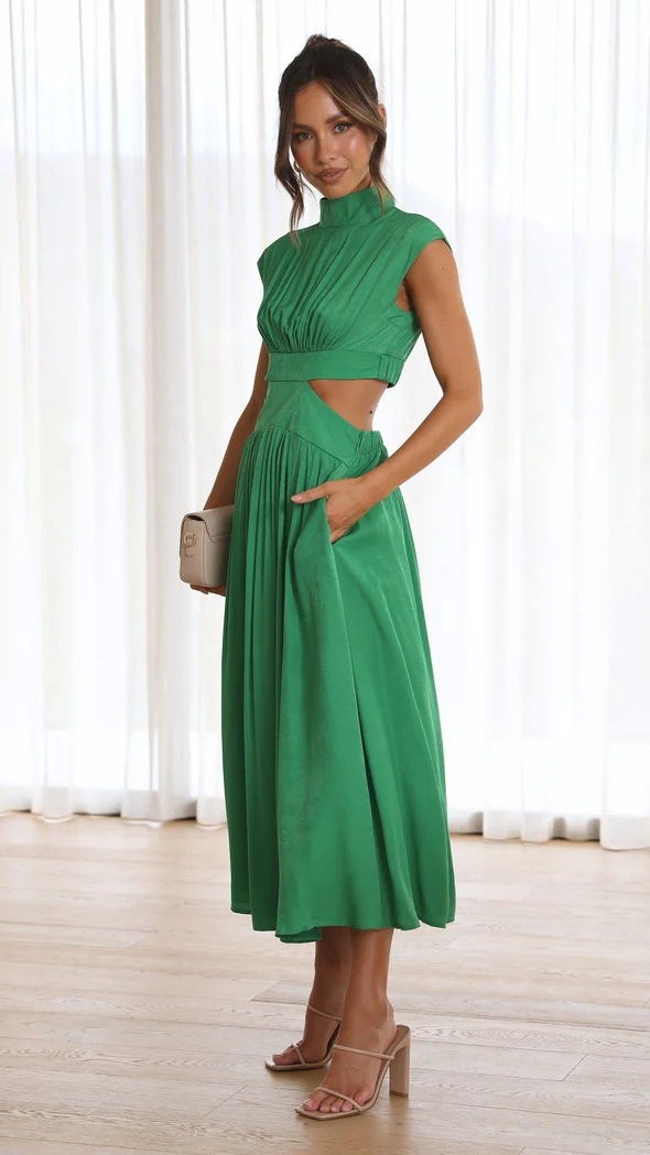 Green Sleeveless Midi Dress with Cut-Out Waist