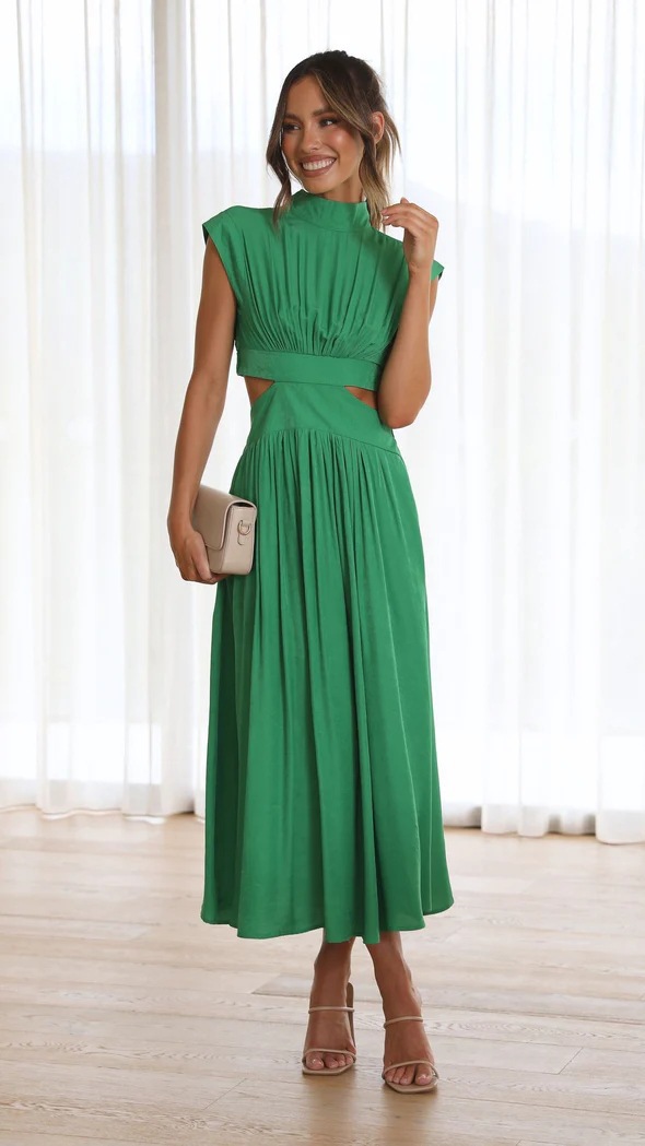Green Sleeveless Midi Dress with Cut-Out Waist