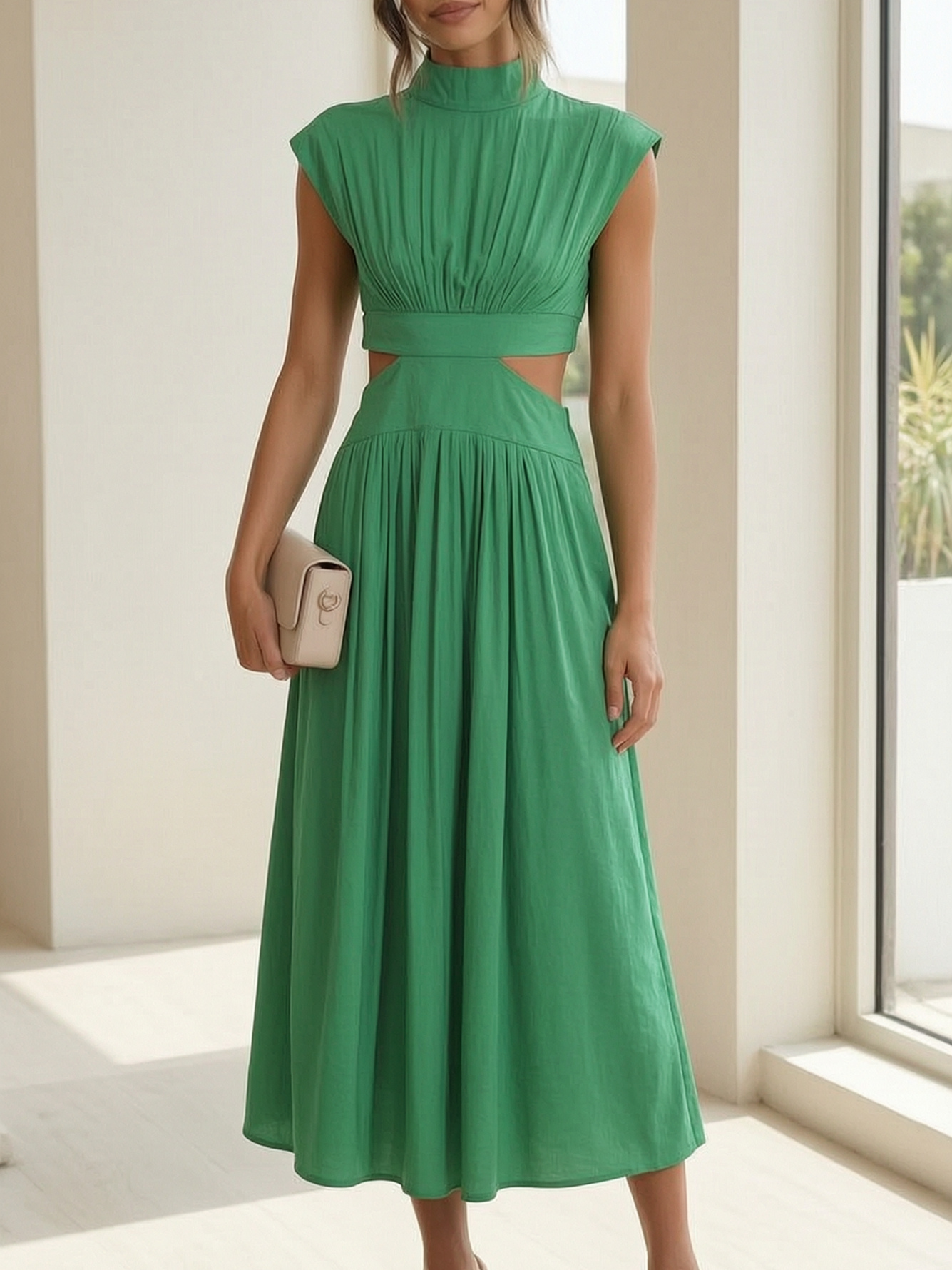 Green Sleeveless Midi Dress with Cut-Out Waist