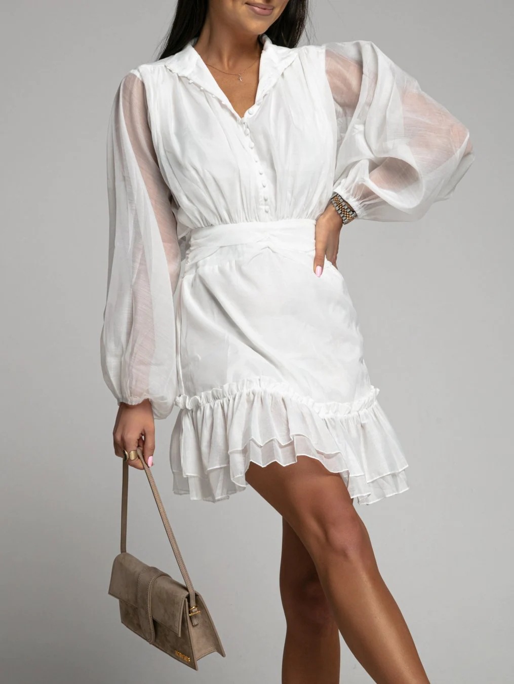 White Long Sleeve Mini Shirt Dress with Ruffles