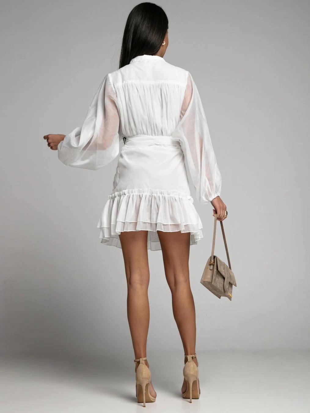 White Long Sleeve Mini Shirt Dress with Ruffles
