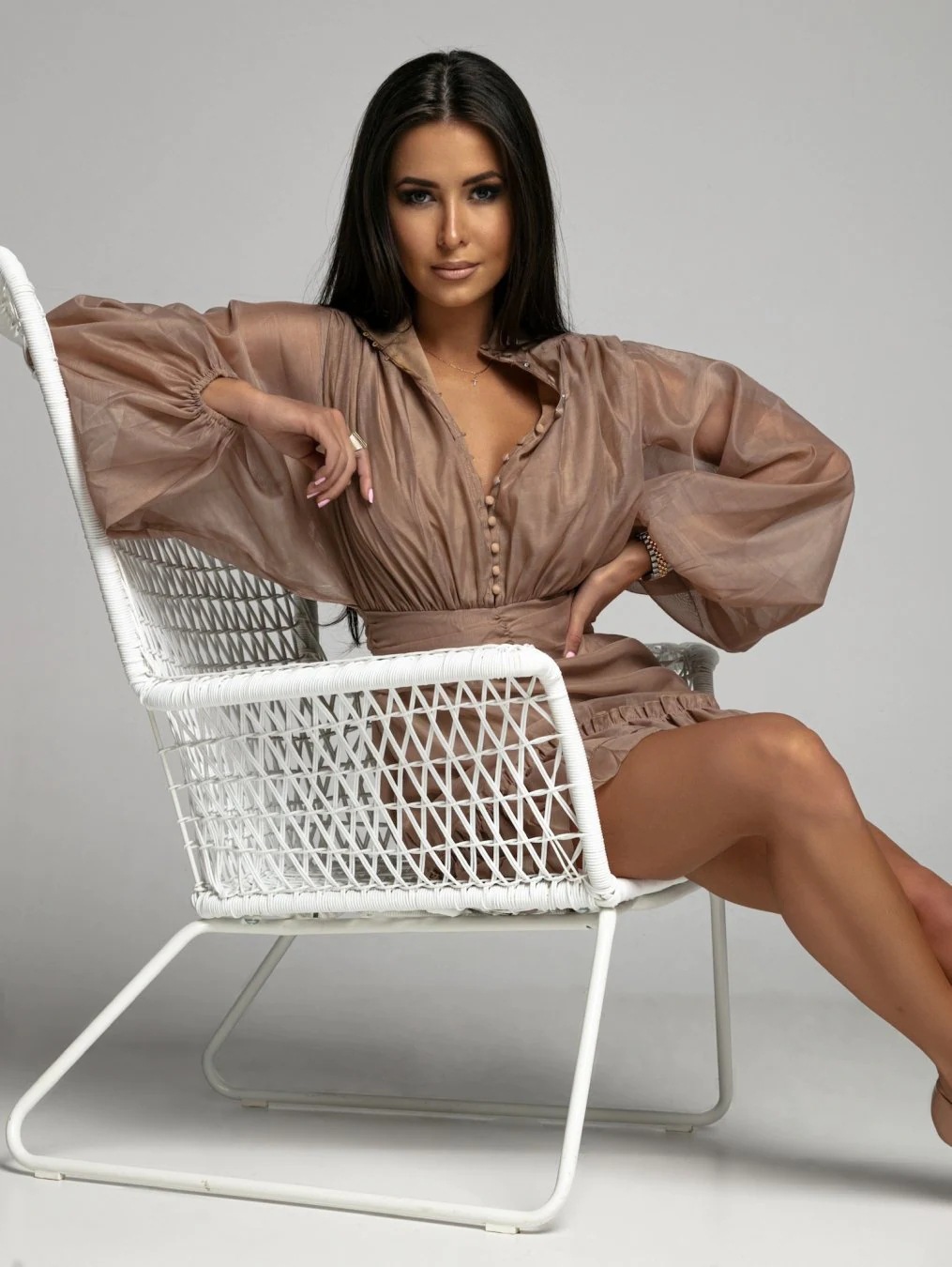 Brown Mini Shirt Dress with Long Sleeves
