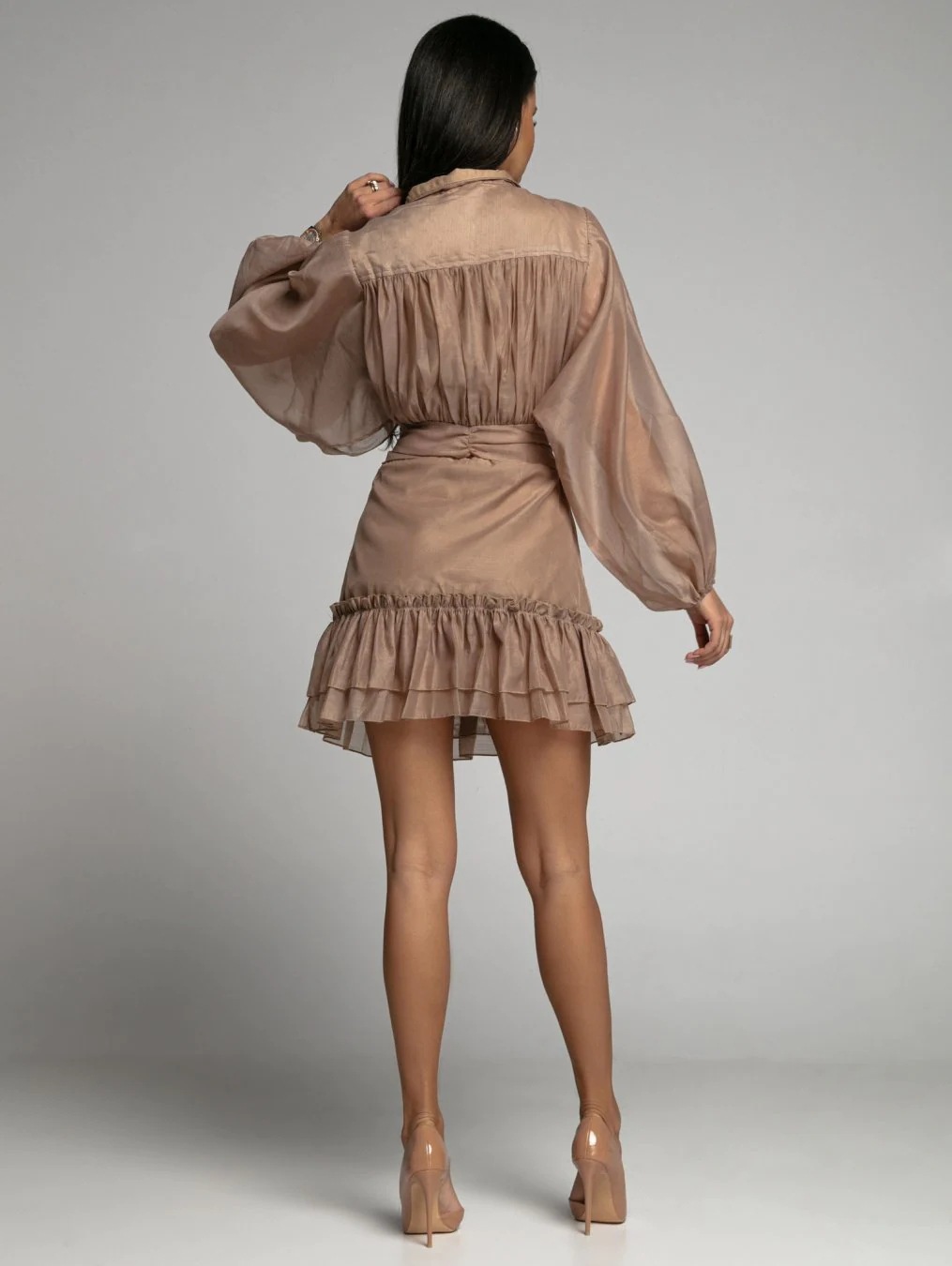Brown Mini Shirt Dress with Long Sleeves