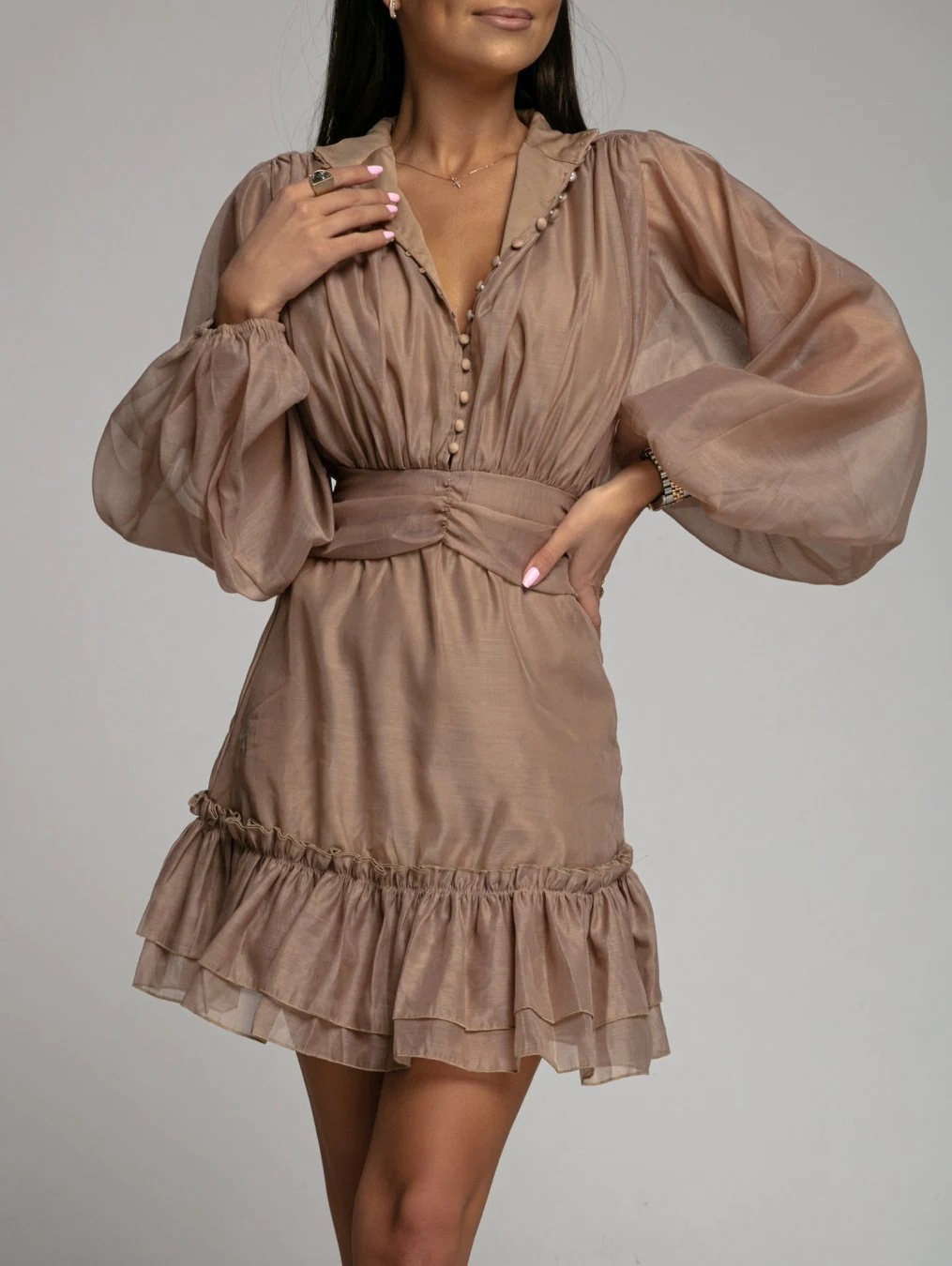 Brown Mini Shirt Dress with Long Sleeves