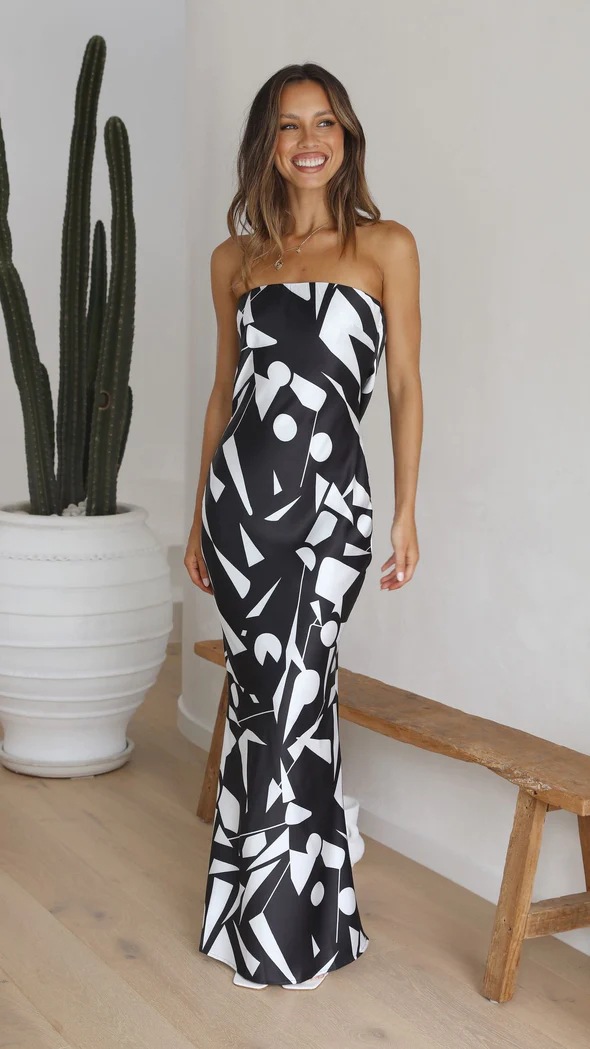 Monochrome Geometric Sleeveless Bodycon Maxi Dress