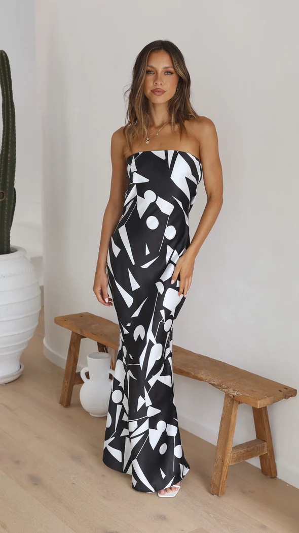 Monochrome Geometric Sleeveless Bodycon Maxi Dress
