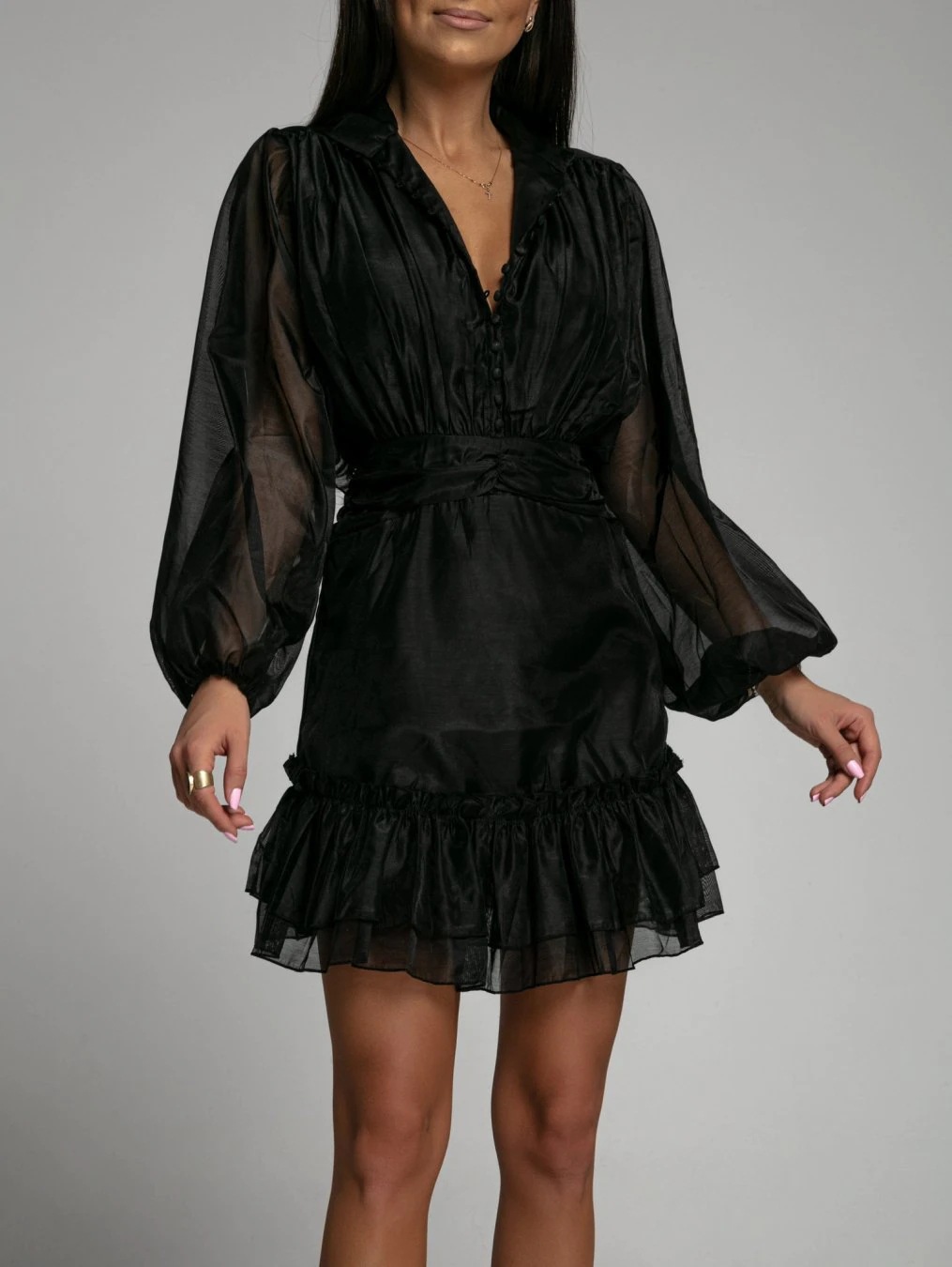 Black Long Sleeve Shirtdress with Ruffle Mini Hem