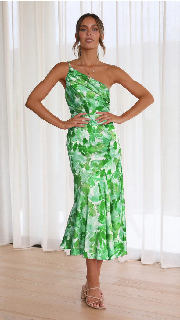 Green Floral Sleeveless Midi Slip Dress