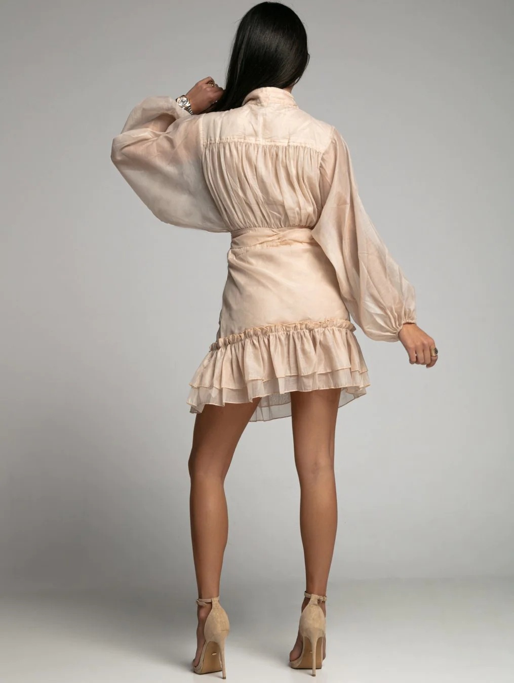 Khaki Plain Mini Shirt Dress with Long Sleeves