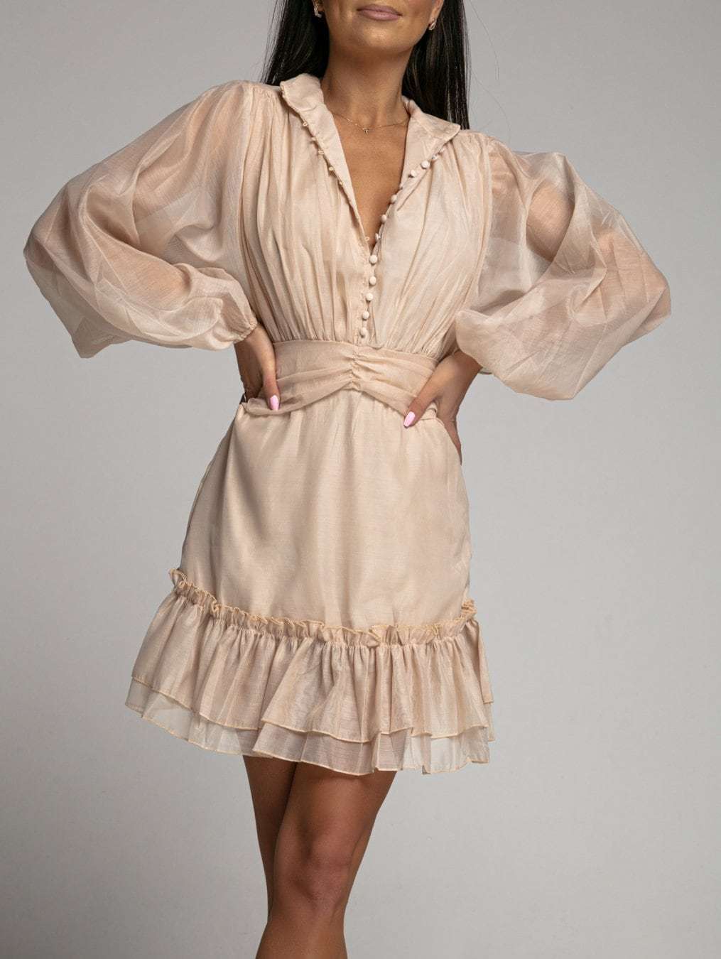 Khaki Plain Mini Shirt Dress with Long Sleeves