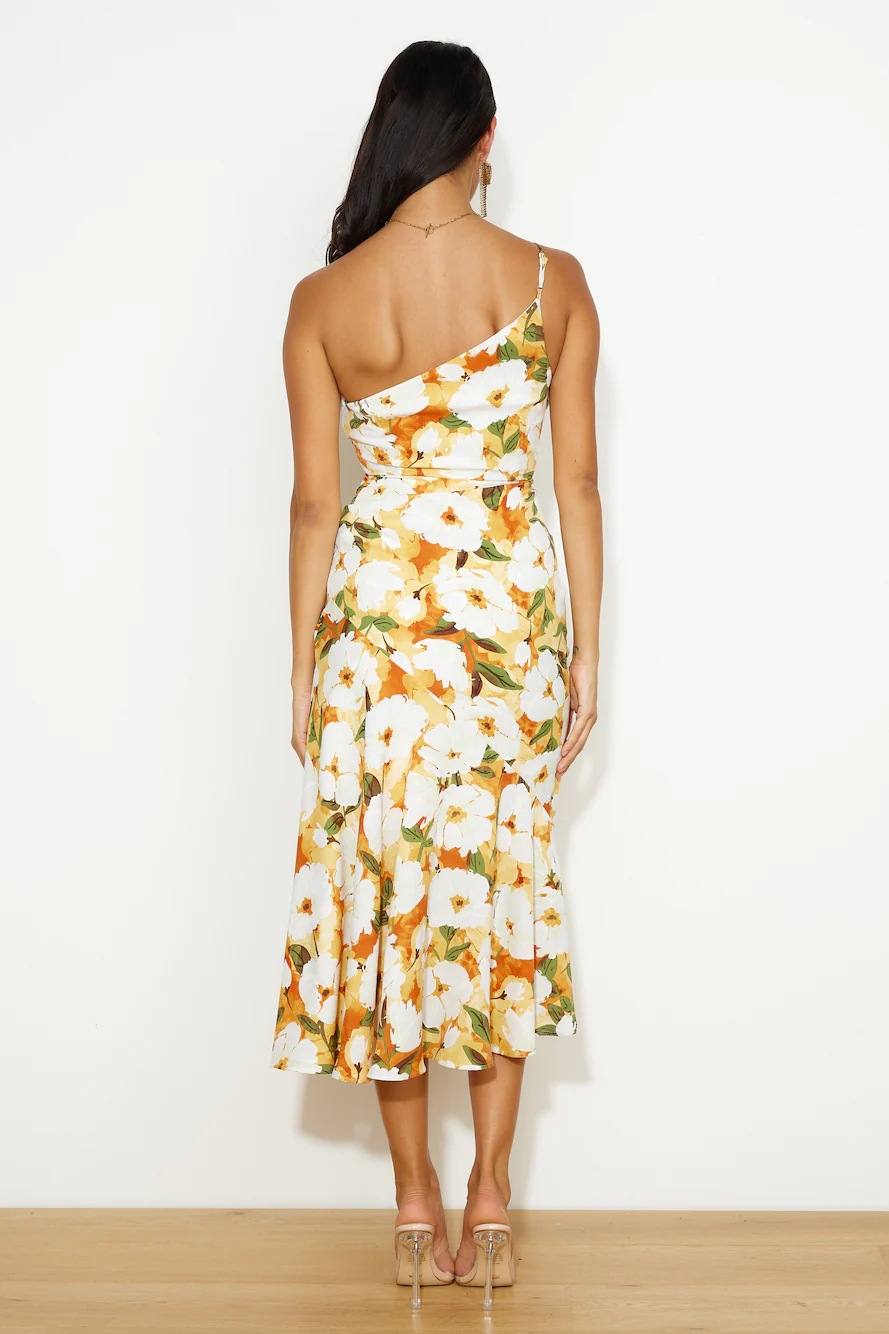 Floral One-Shoulder A-Line Midi Dress