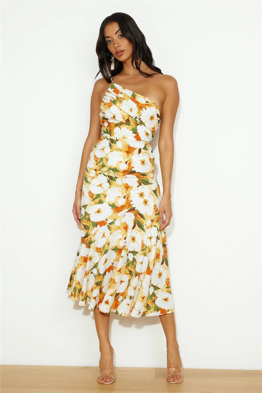 Floral One-Shoulder A-Line Midi Dress