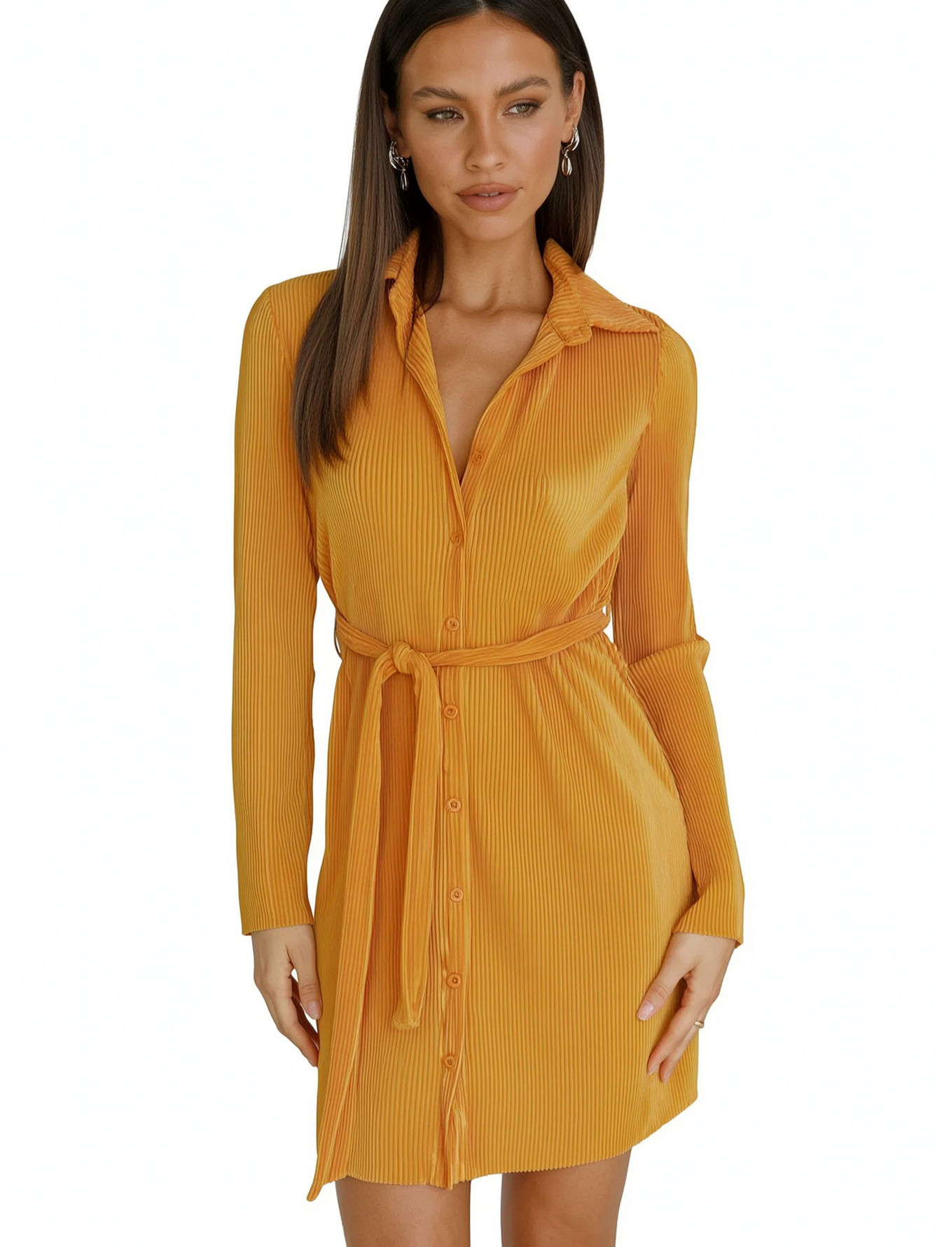 Yellow Striped Mini Shirt Dress with Long Sleeves