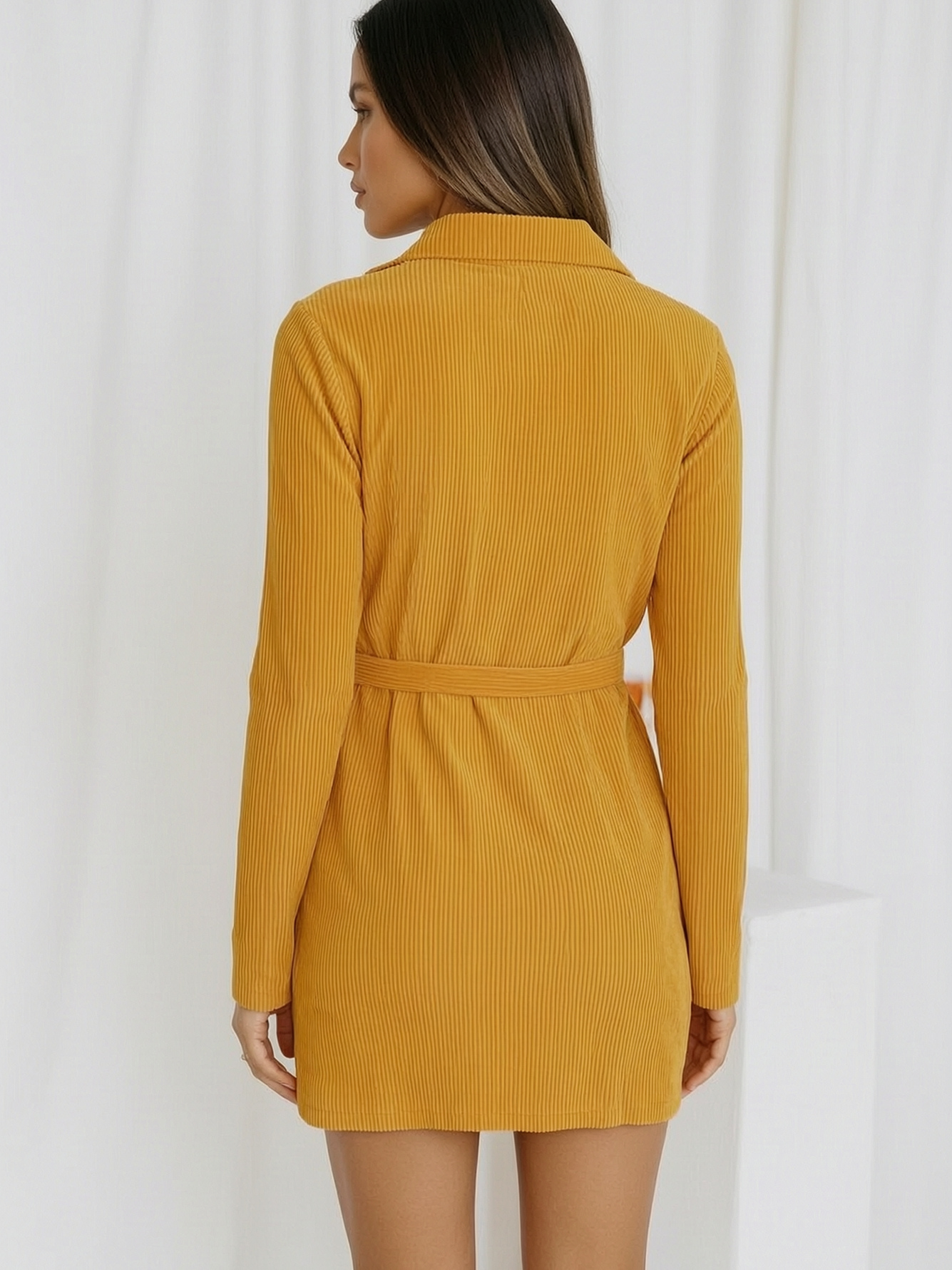 Yellow Striped Mini Shirt Dress with Long Sleeves