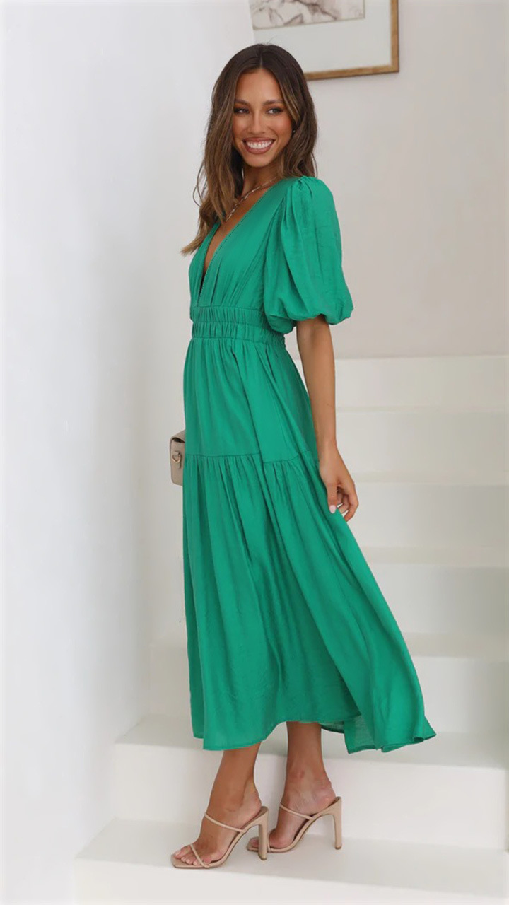 Green V-Neck Short Sleeve Tiered Maxi Dress