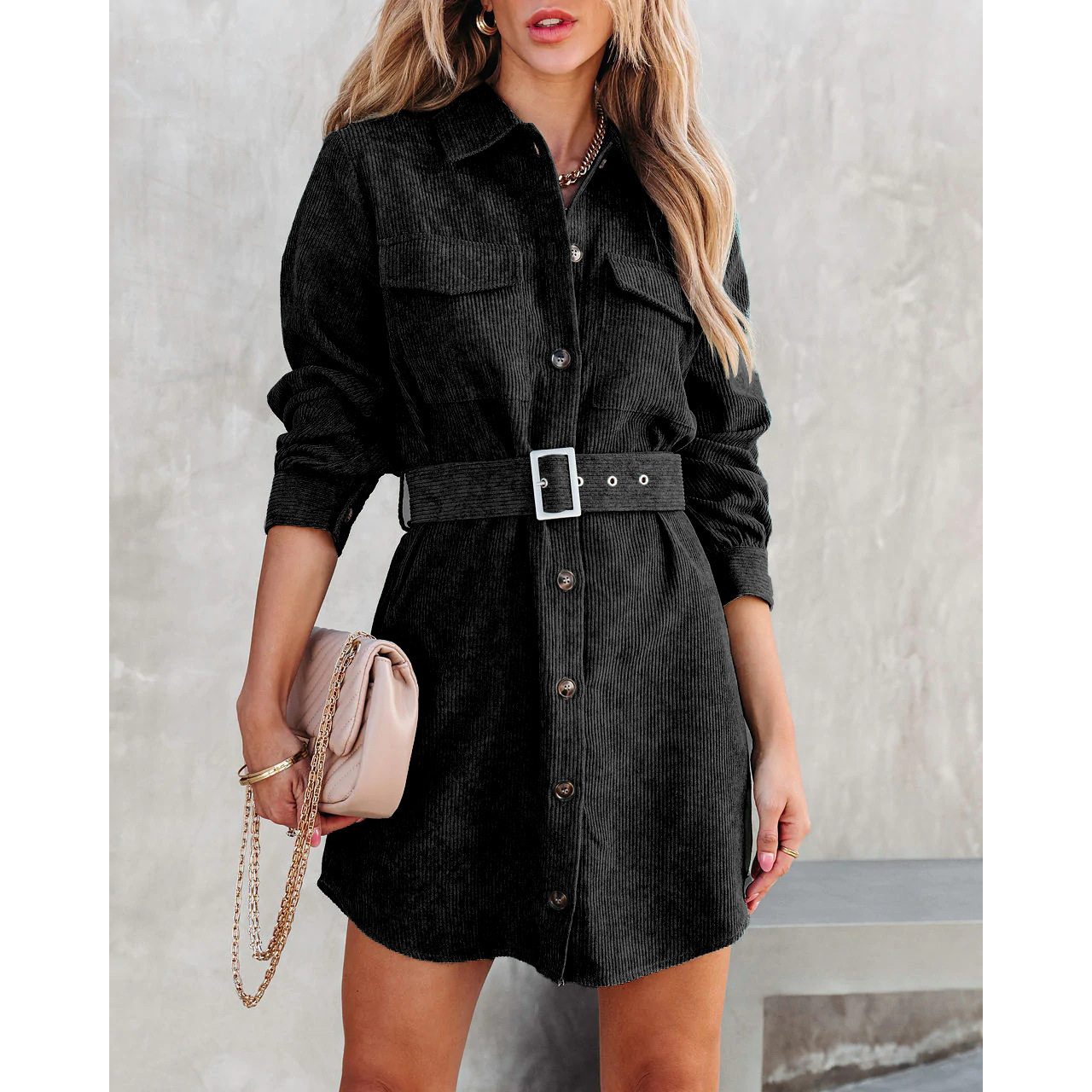 Black Corduroy Mini Shirt Dress with Belt