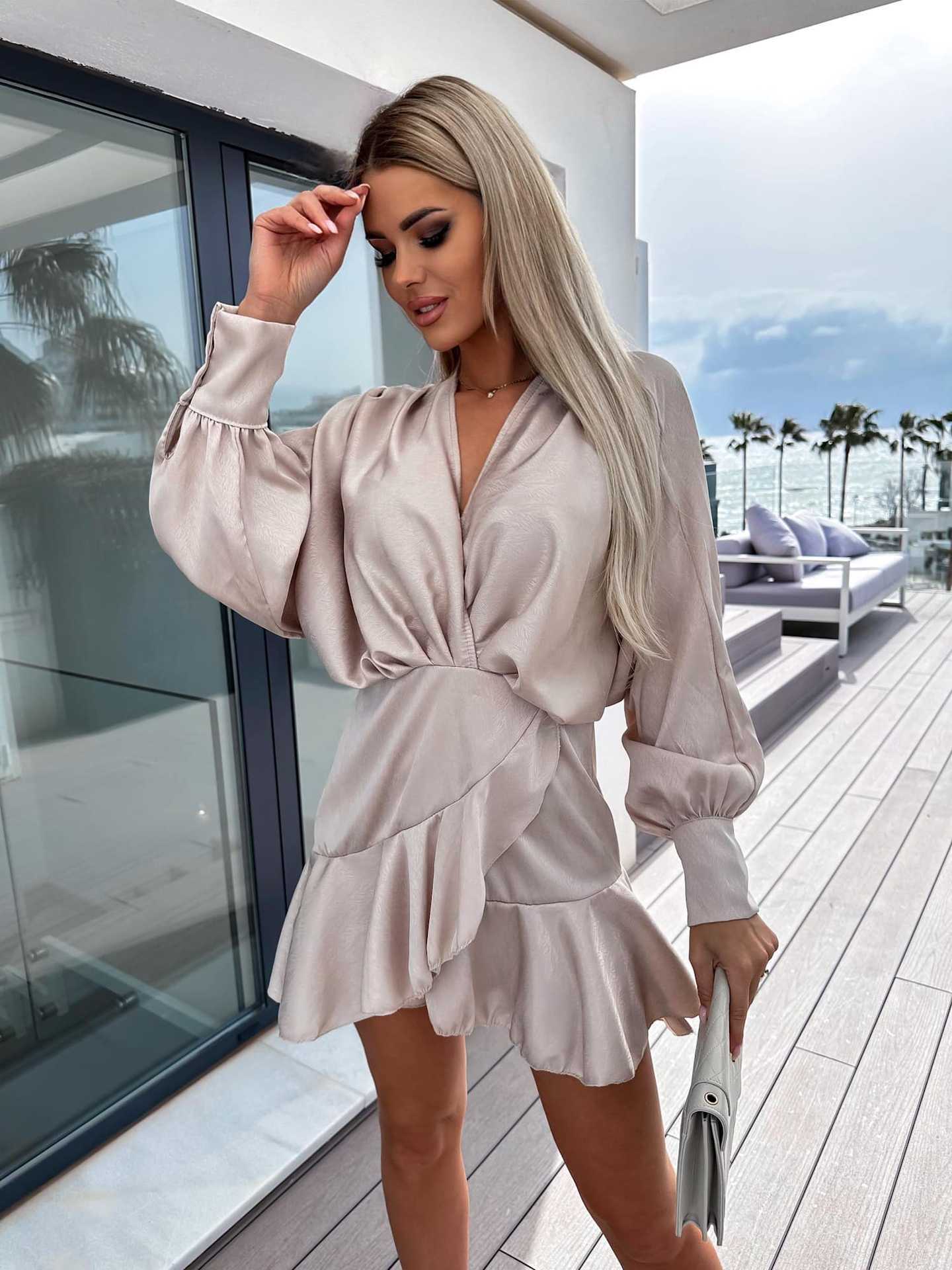 Peach Satin Mini Dress with Ruffle Hem and V-Neck