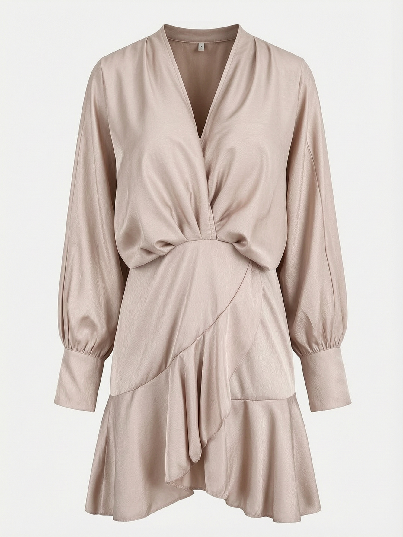 Peach Satin Mini Dress with Ruffle Hem and V-Neck