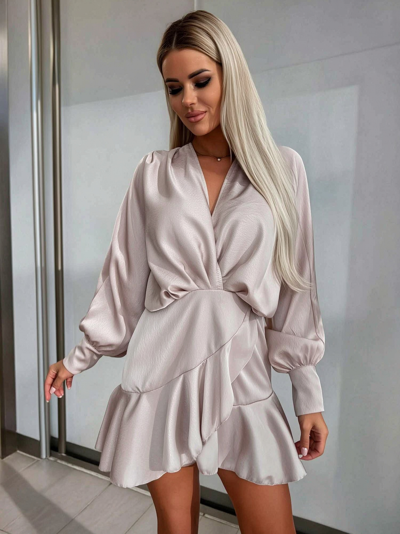 Peach Satin Mini Dress with Ruffle Hem and V-Neck