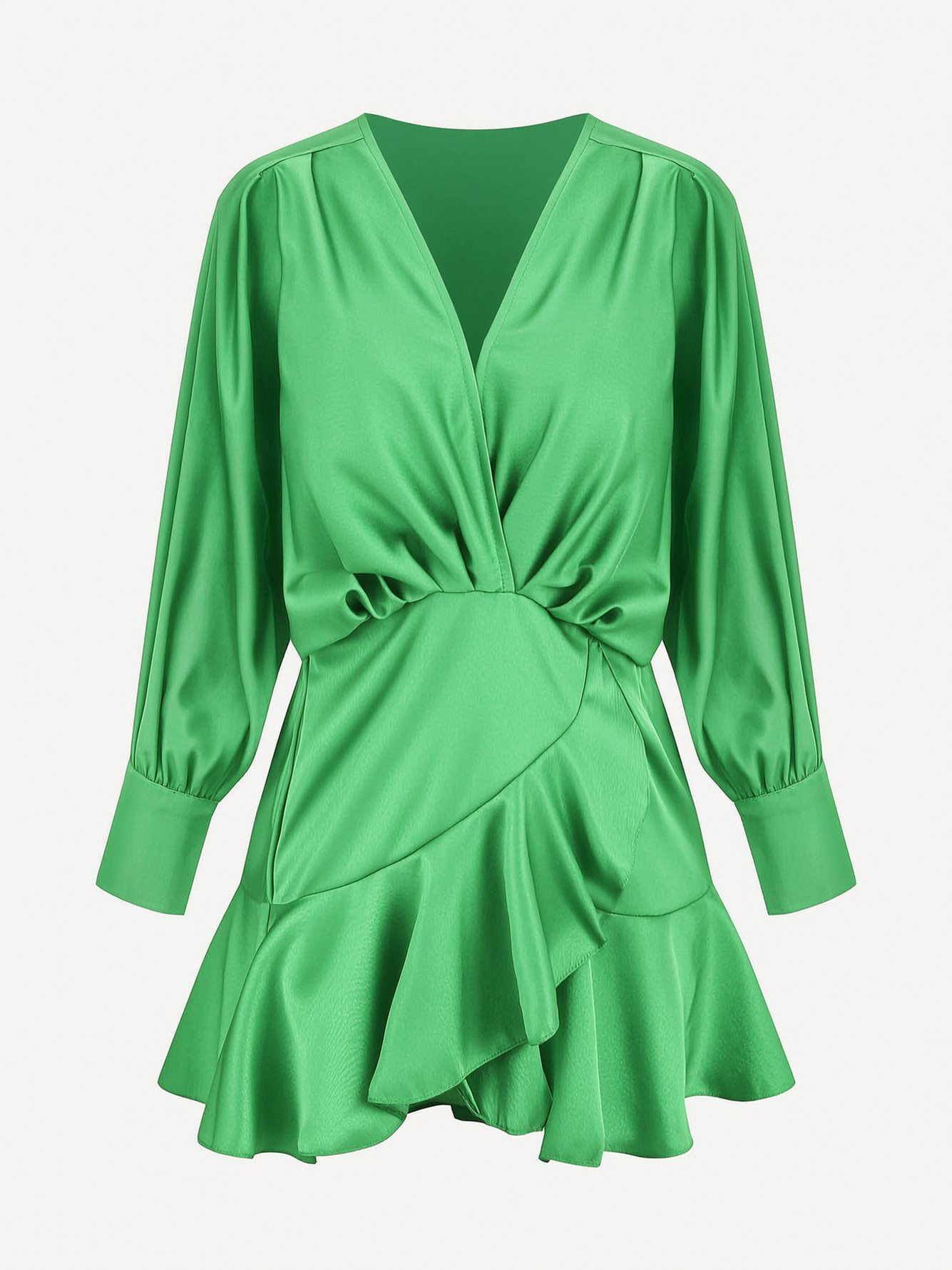 Green V-Neck Mini Dress with Ruffle Hem