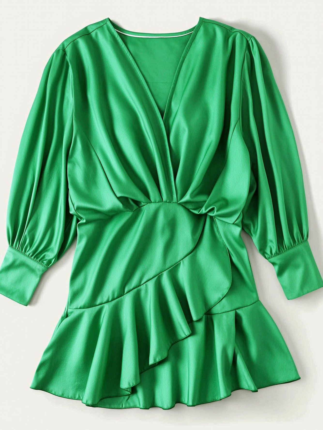 Green V-Neck Mini Dress with Ruffle Hem