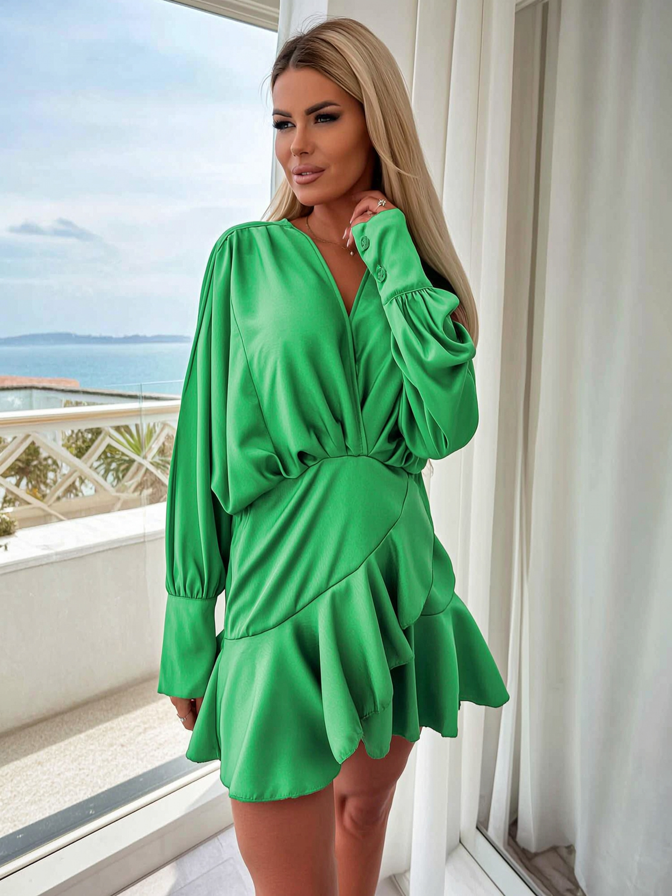 Green V-Neck Mini Dress with Ruffle Hem