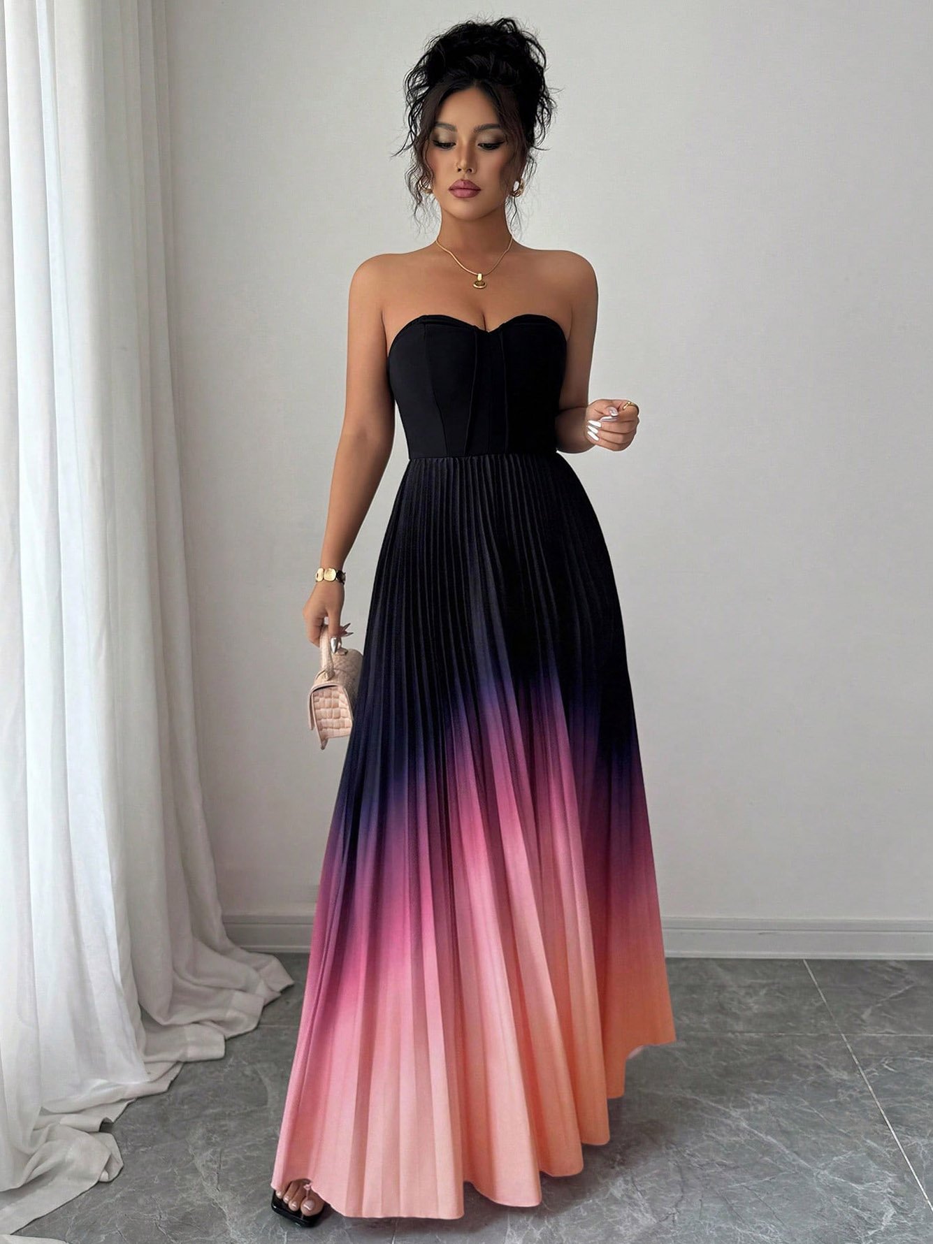 Ombre Pleated Strapless Maxi Dress
