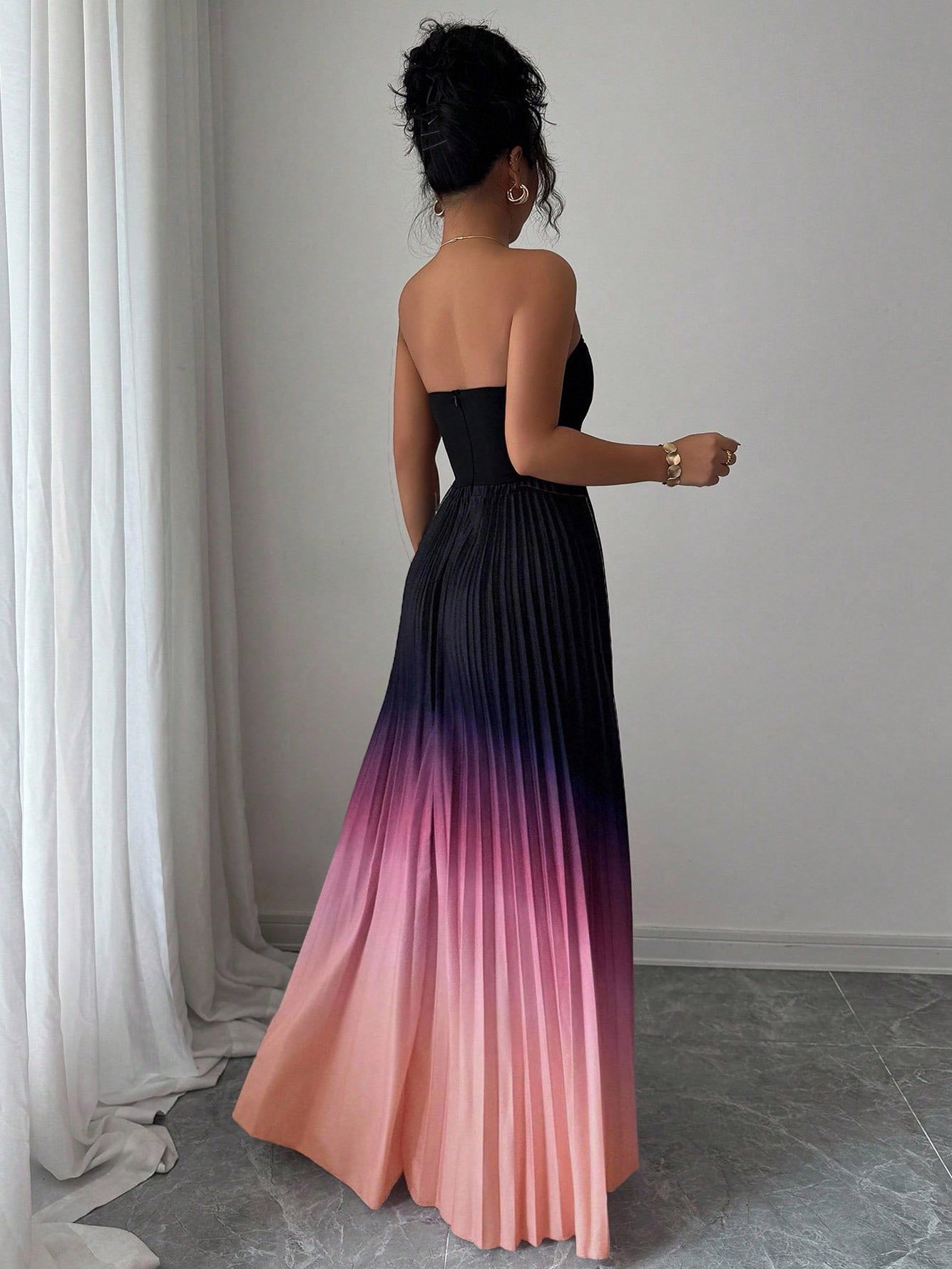 Ombre Pleated Strapless Maxi Dress