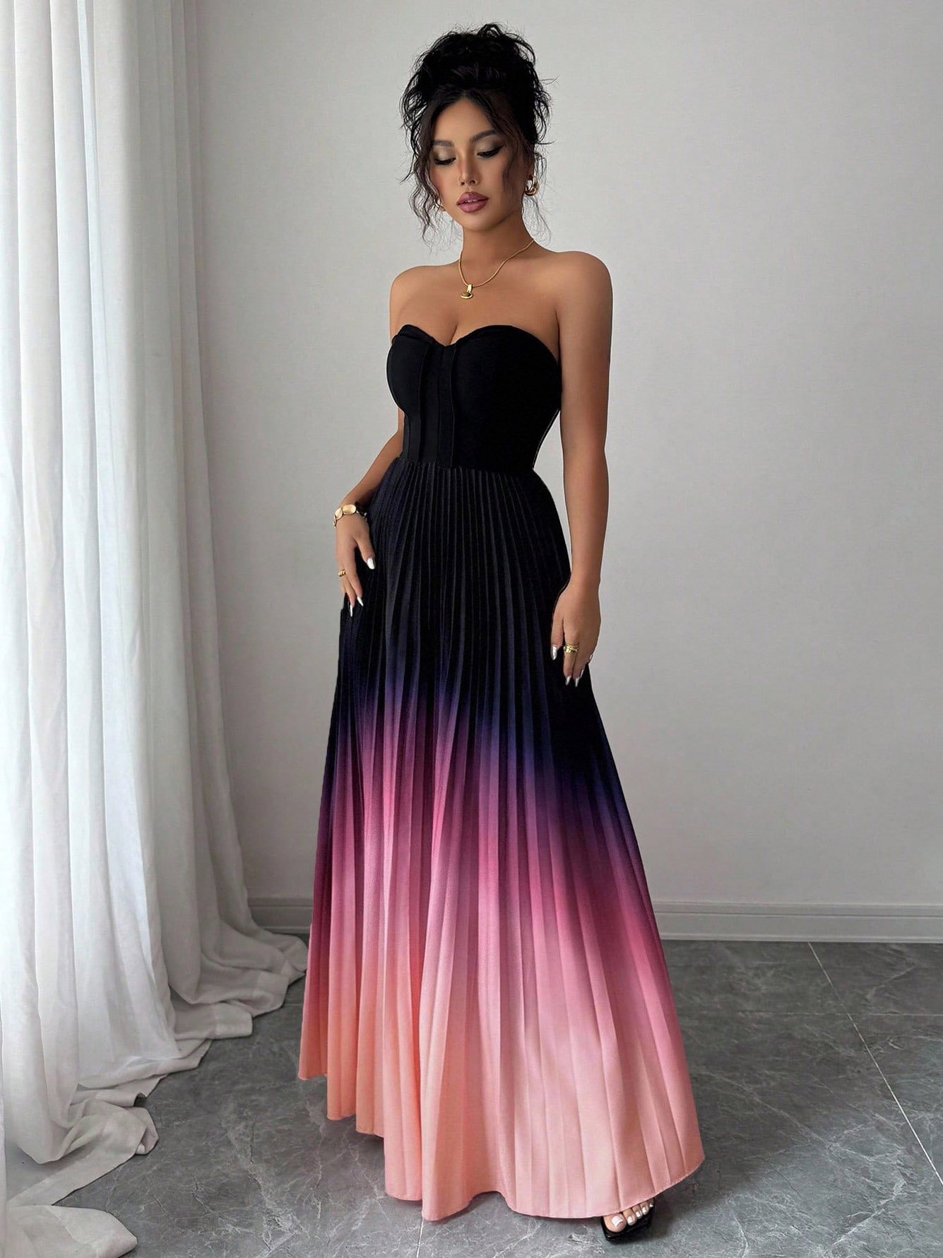 Ombre Pleated Strapless Maxi Dress