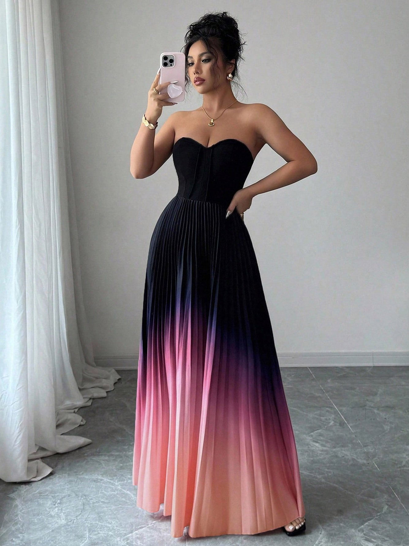 Ombre Pleated Strapless Maxi Dress