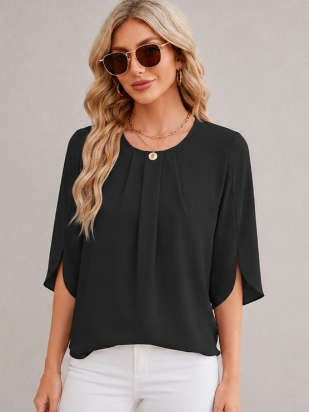 Black 3/4 Sleeve Pleated Top