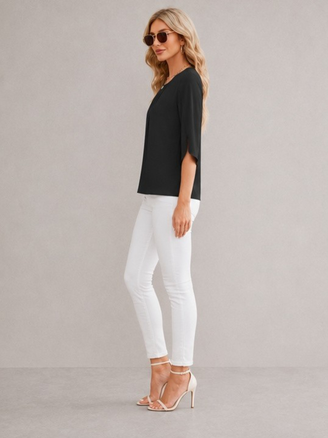 Black 3/4 Sleeve Pleated Top