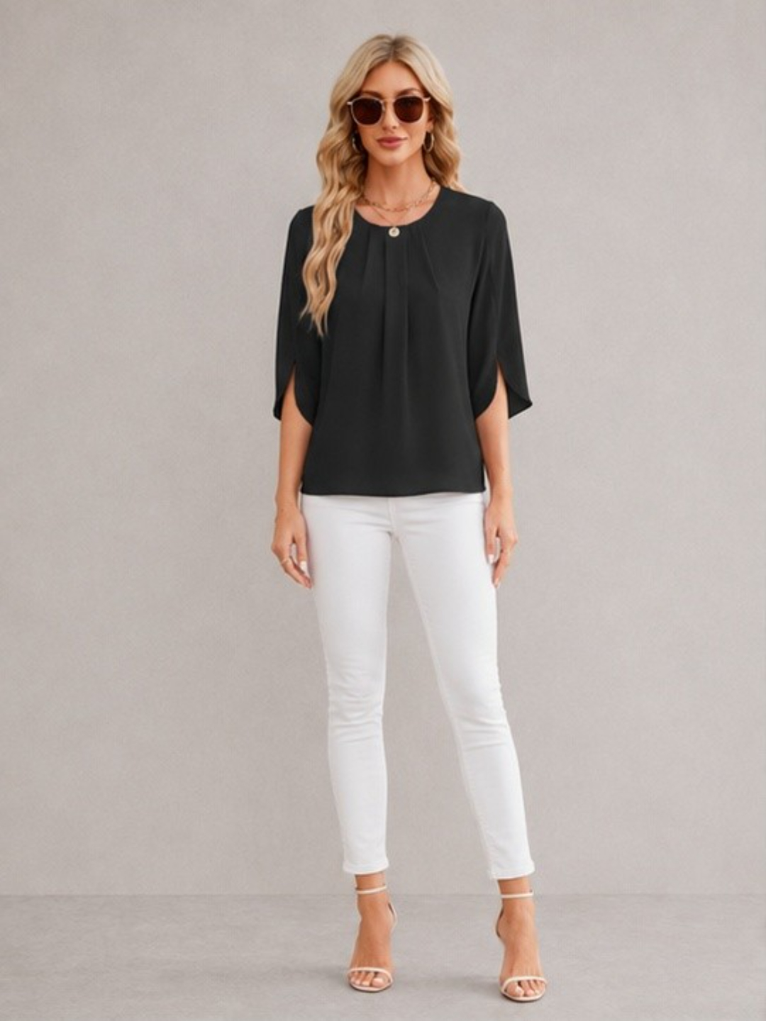 Black 3/4 Sleeve Pleated Top