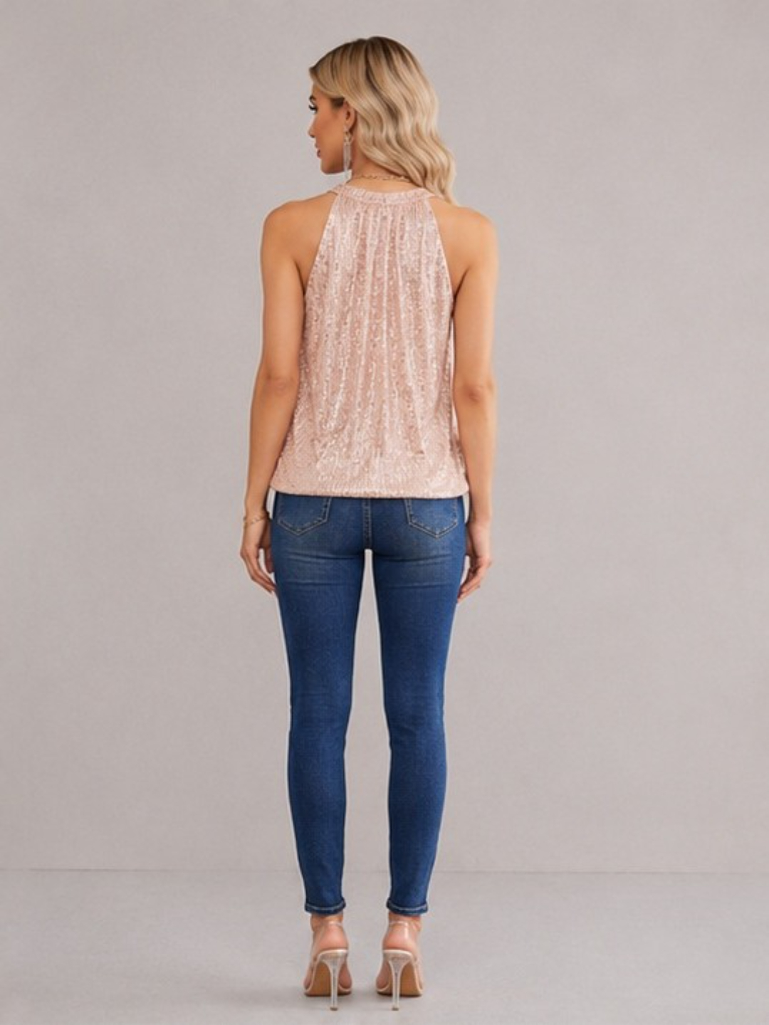 Pink Sequin Embellished Halter Neck Sleeveless Top
