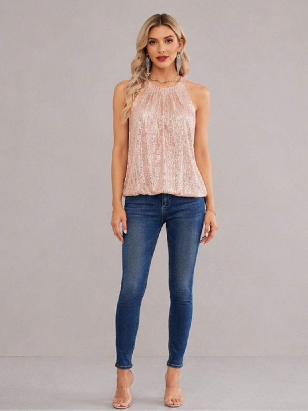 Pink Sequin Embellished Halter Neck Sleeveless Top