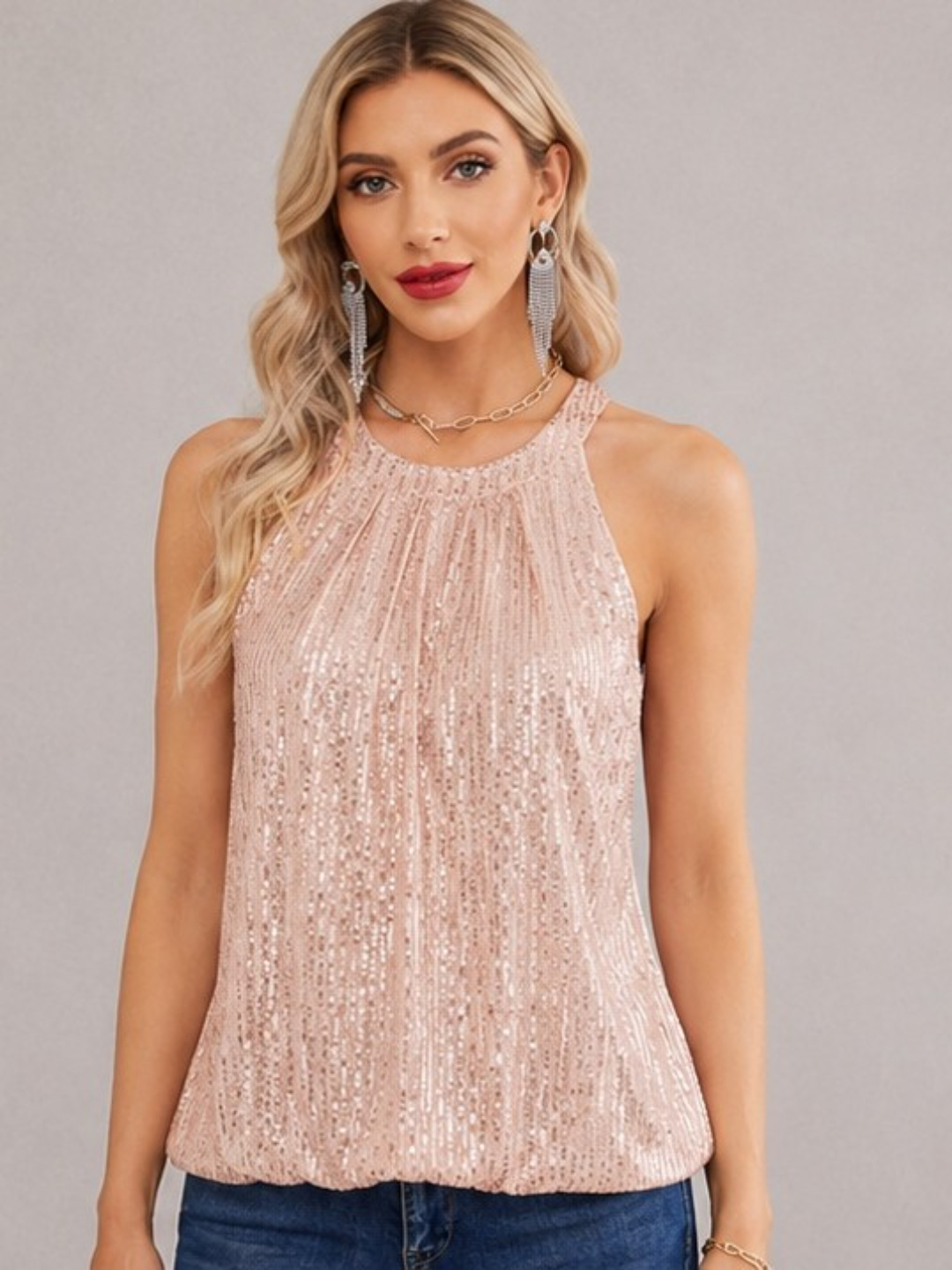 Pink Sequin Embellished Halter Neck Sleeveless Top