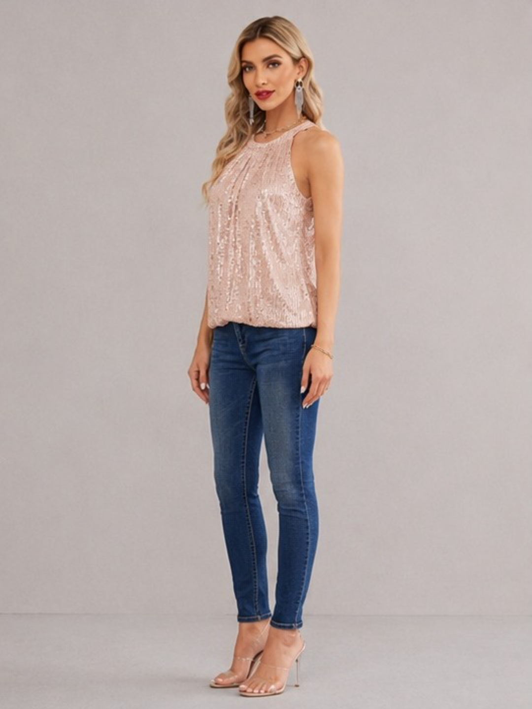Pink Sequin Embellished Halter Neck Sleeveless Top