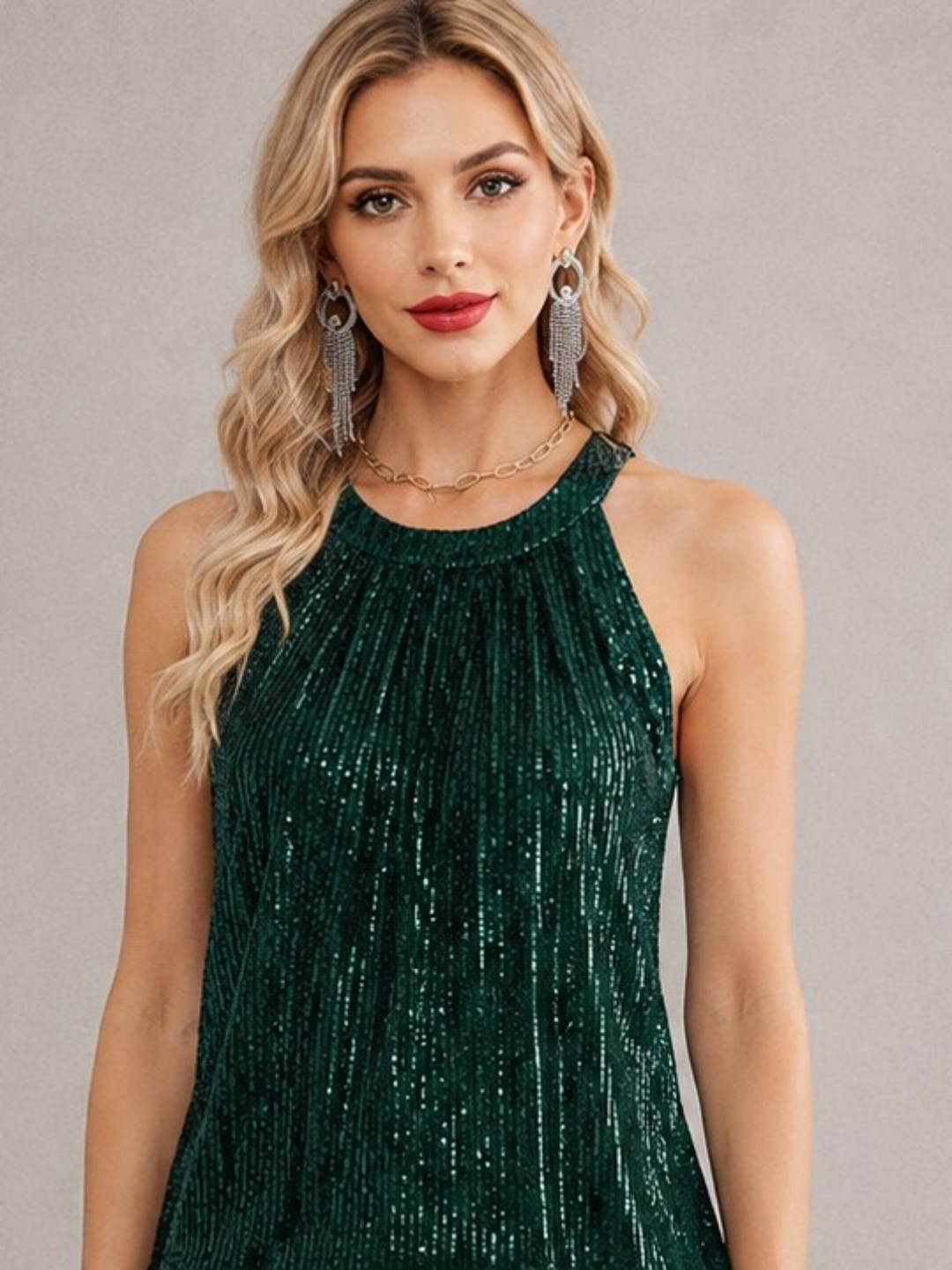 Emerald Green Sequin Embellished Sleeveless Halter Top